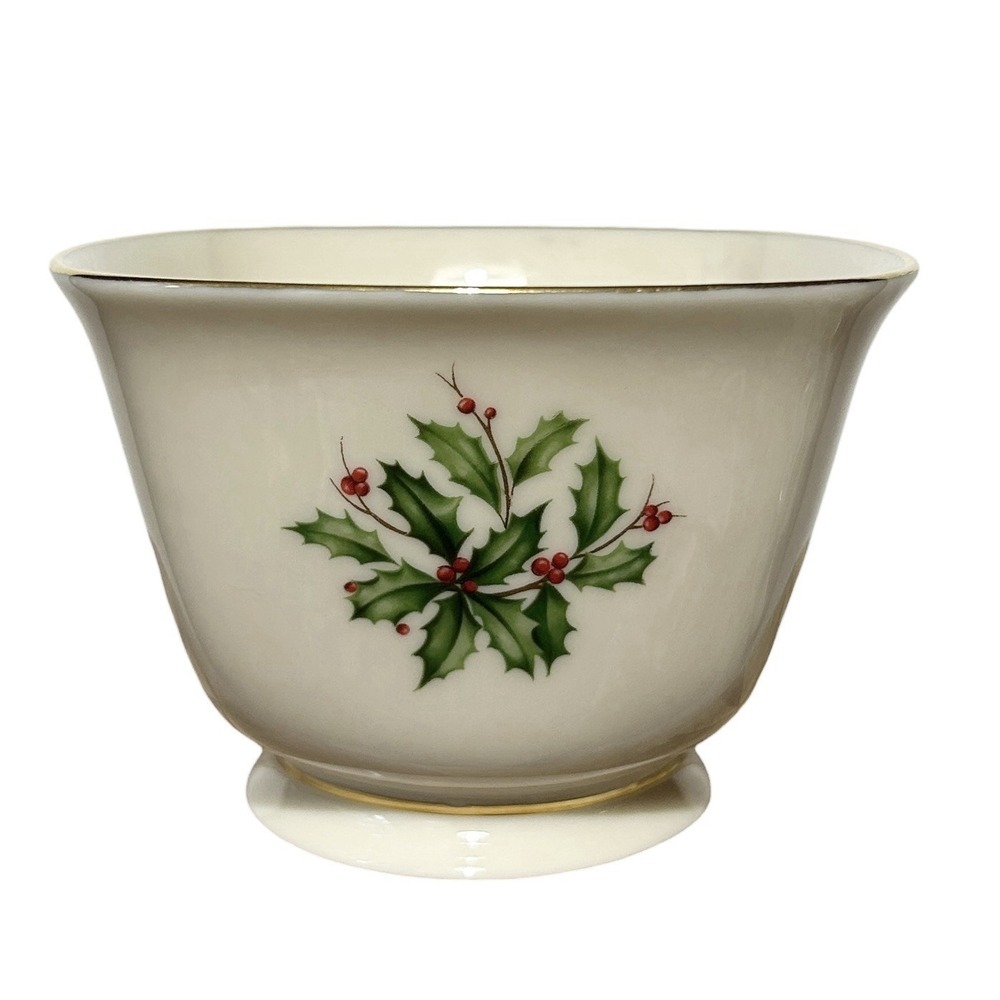 LENOX Holiday Holly Berry Footed Candy Nut Bowl Gold Trim Christmas China USA